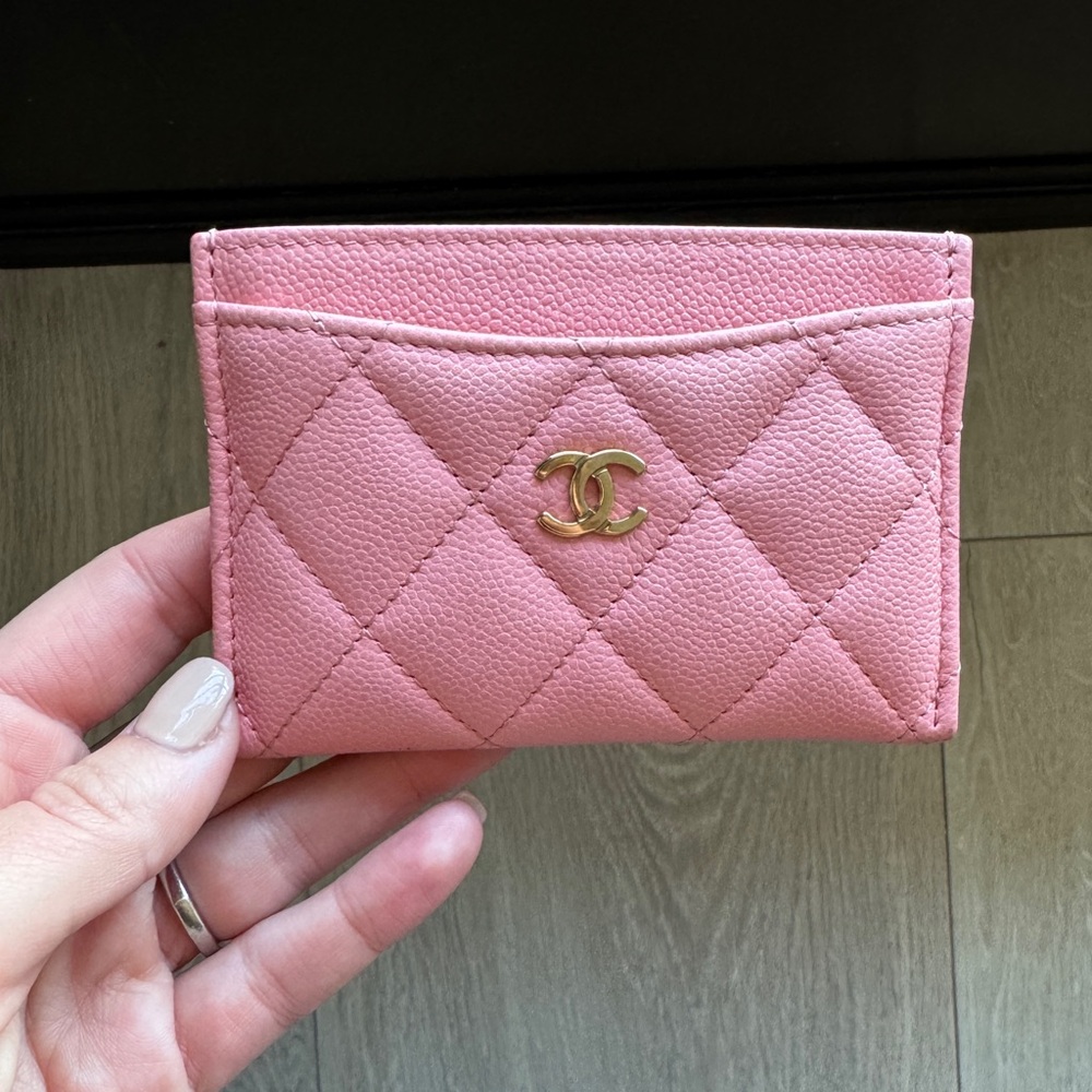 CHANEL Pink Quilted Card Wallet with Gold Logo